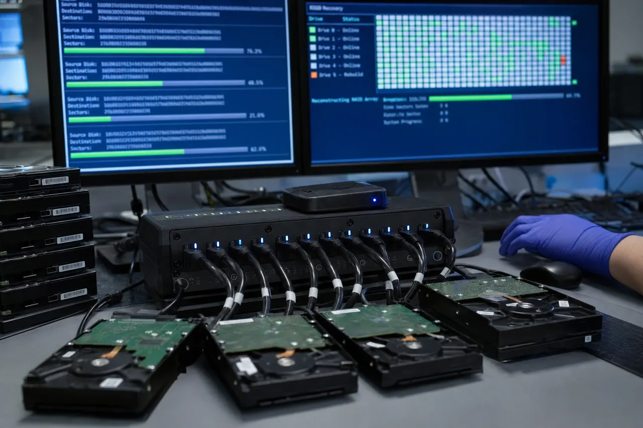 A data-recovery imaging workstation with several enterprise hard drives connected to a multi-port hardware imager and monitors showing sector-by-sector imaging progress and a RAID reconstruction grid