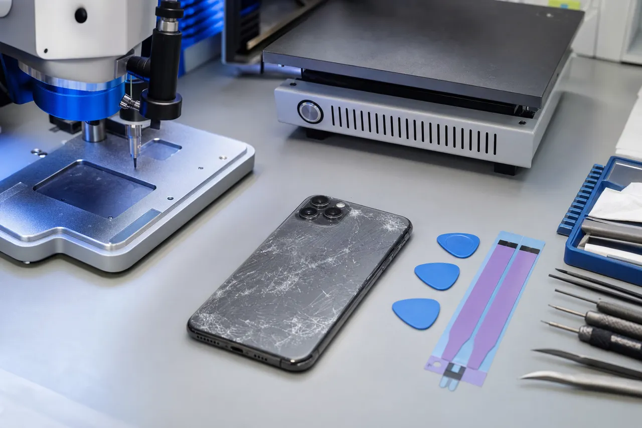 The rear of a modern smartphone with shattered back glass on a repair bench beside a laser-separation machine and a heat plate