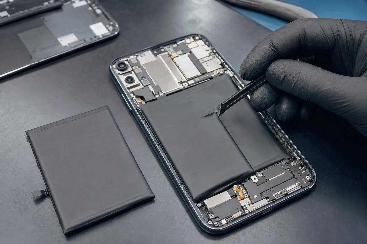 An opened smartphone on a repair bench with the rear cover removed exposing the battery and logic board, a pry tool lifting the battery