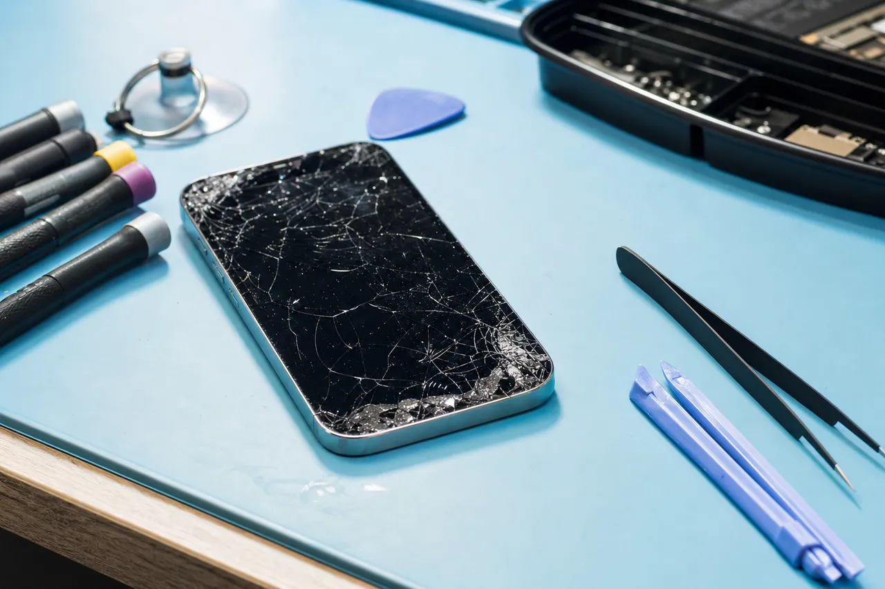 A cracked smartphone face-up on a clean phone repair bench surrounded by precision screwdrivers, spudgers, tweezers and a parts tray