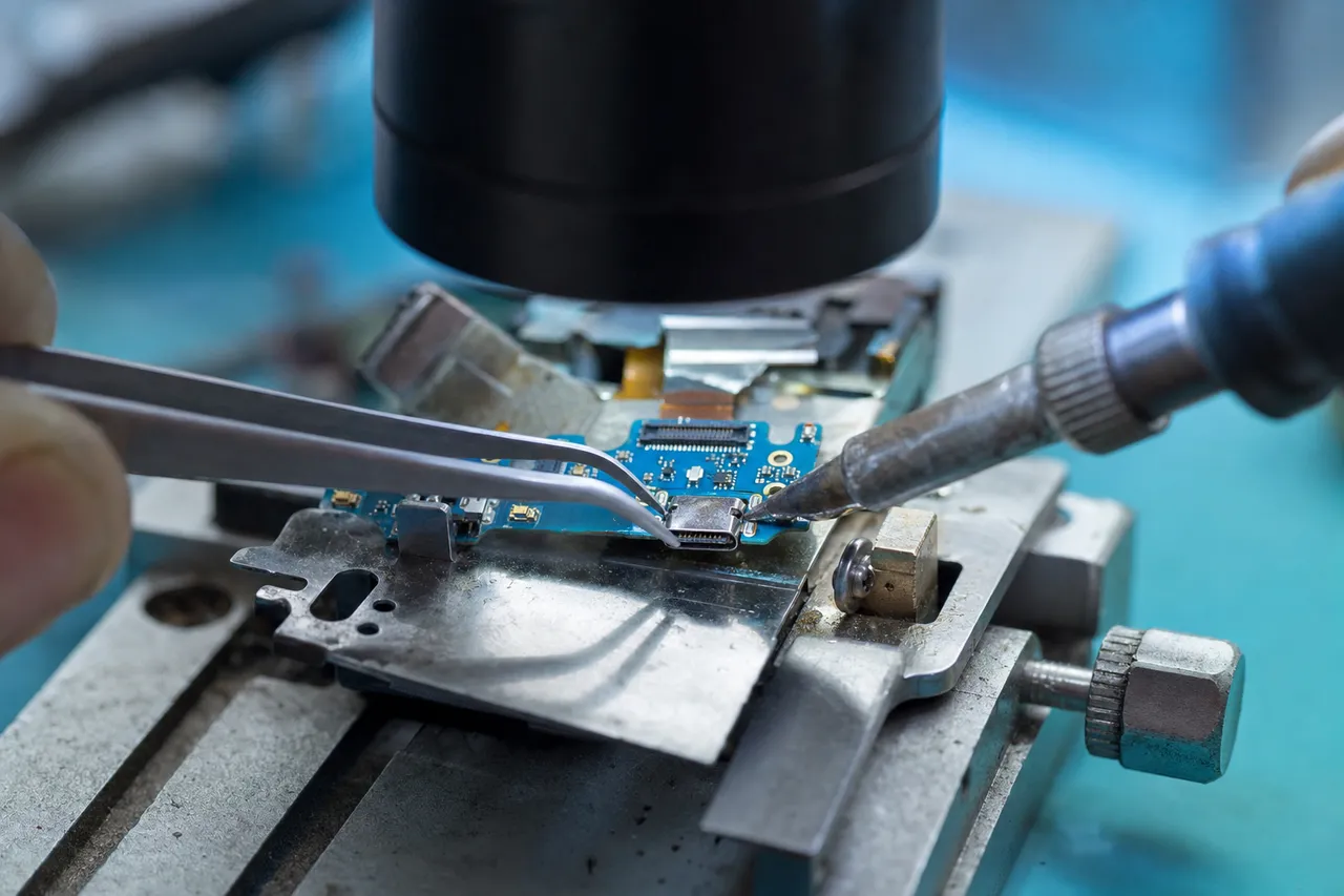 Extreme macro of a smartphone charging port flex being soldered under a microscope on a micro-soldering bench