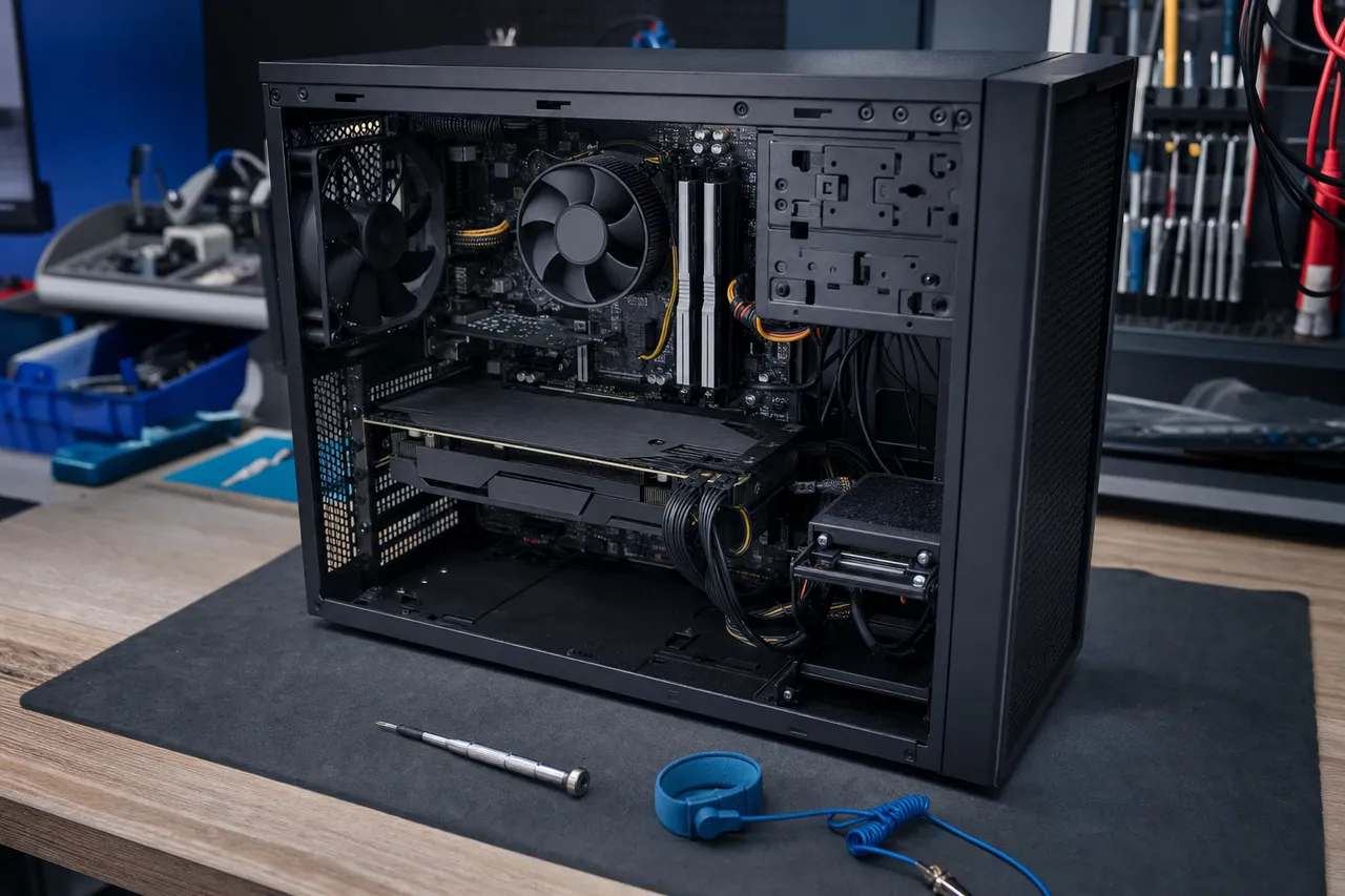 An open desktop PC tower on a repair bench with the side panel removed exposing the motherboard and components