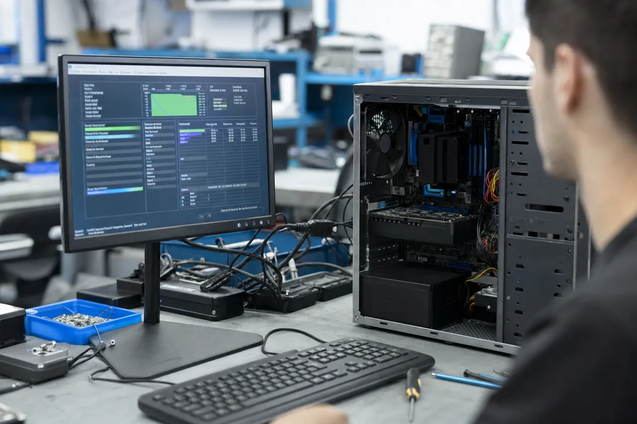 A desktop computer connected to a monitor showing a hardware diagnostic interface on a repair bench