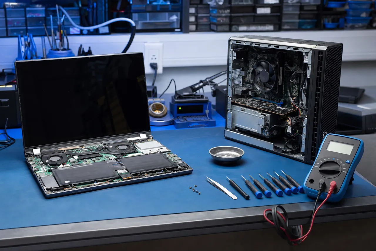A repair bench with a Windows laptop opened next to a desktop PC with its side panel removed