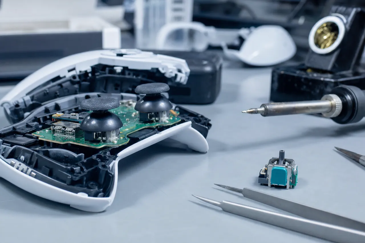 A disassembled wireless game controller on a repair bench with its analog thumbstick modules and circuit board exposed