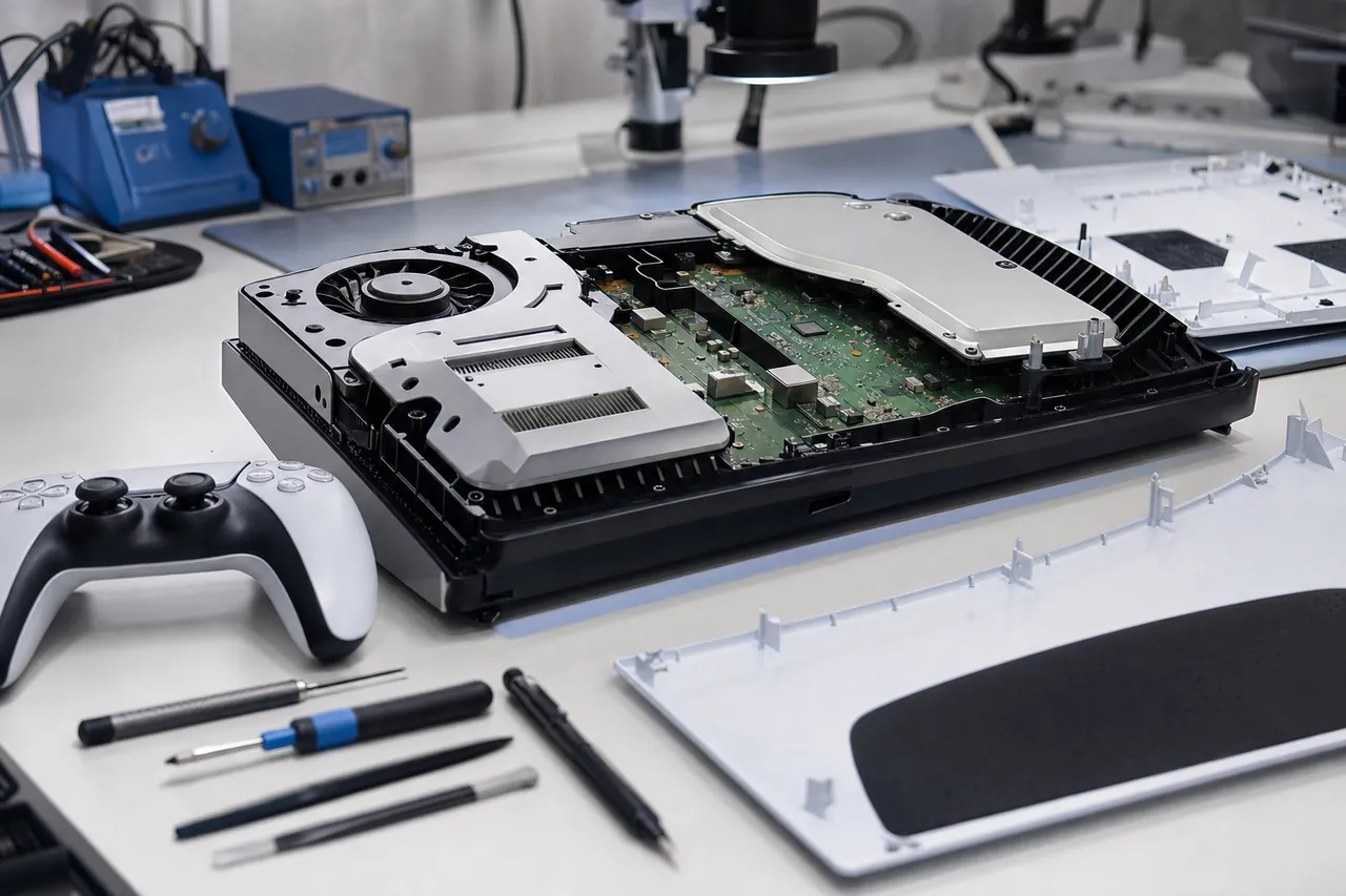 A modern game console opened on a repair bench with its outer panels removed exposing the cooling shroud and mainboard