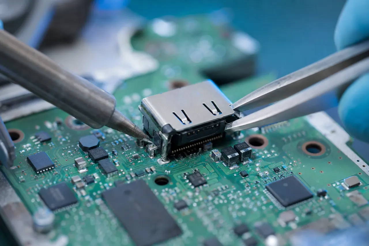 A technician reflowing the HDMI port on a game console mainboard under a microscope with a fine-tip soldering iron