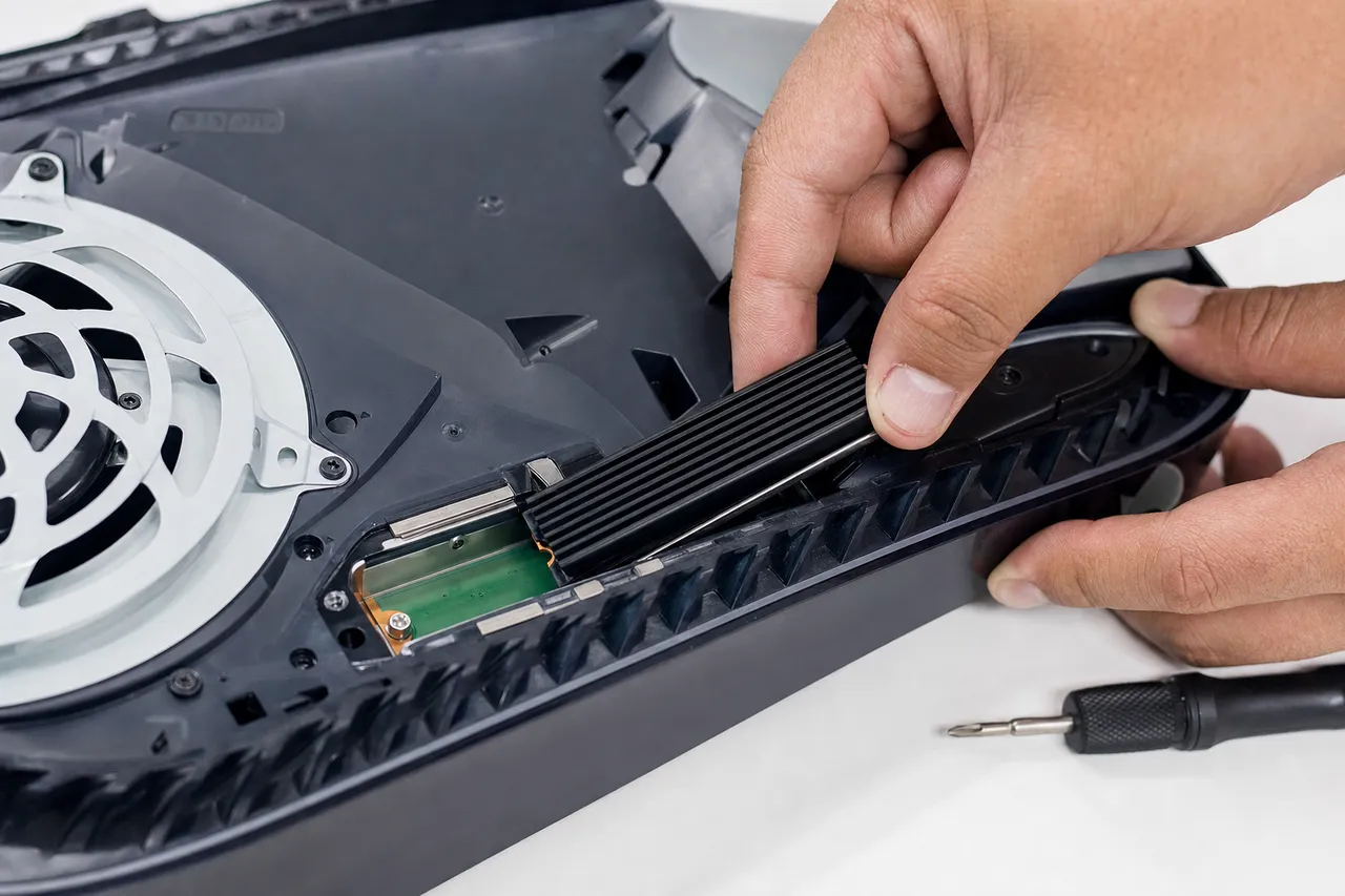 Hands installing an M.2 NVMe SSD with a heatsink into the storage expansion slot of an opened game console