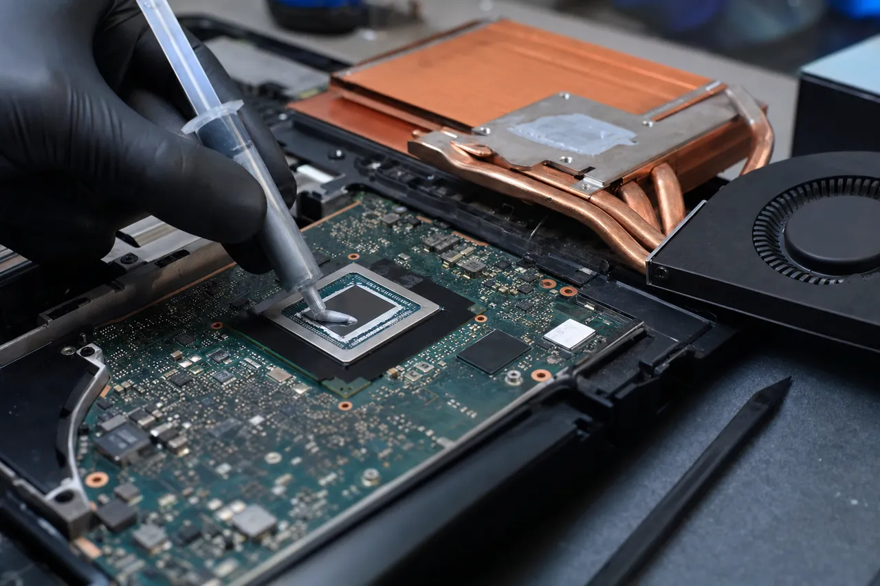 A game console processor on its board with fresh thermal paste being applied next to a large copper heatsink and fan