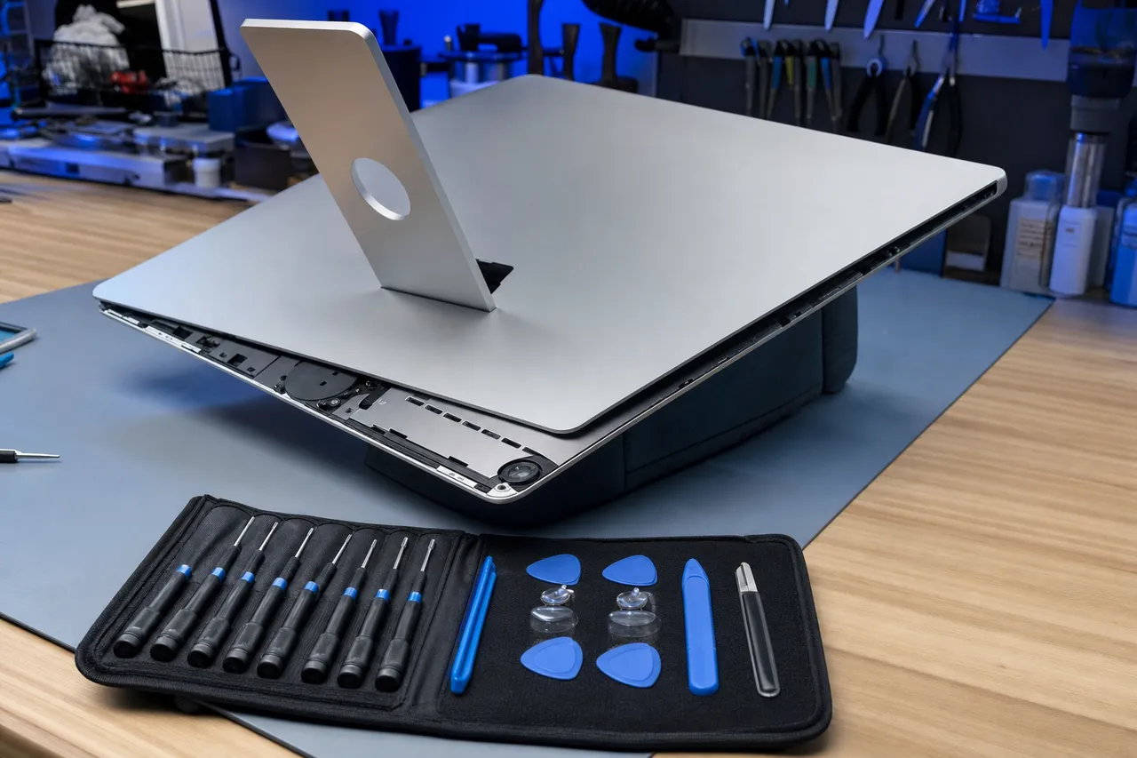 A large all-in-one desktop computer propped face-down on a padded stand on a tidy professional repair bench with opening tools arranged neatly