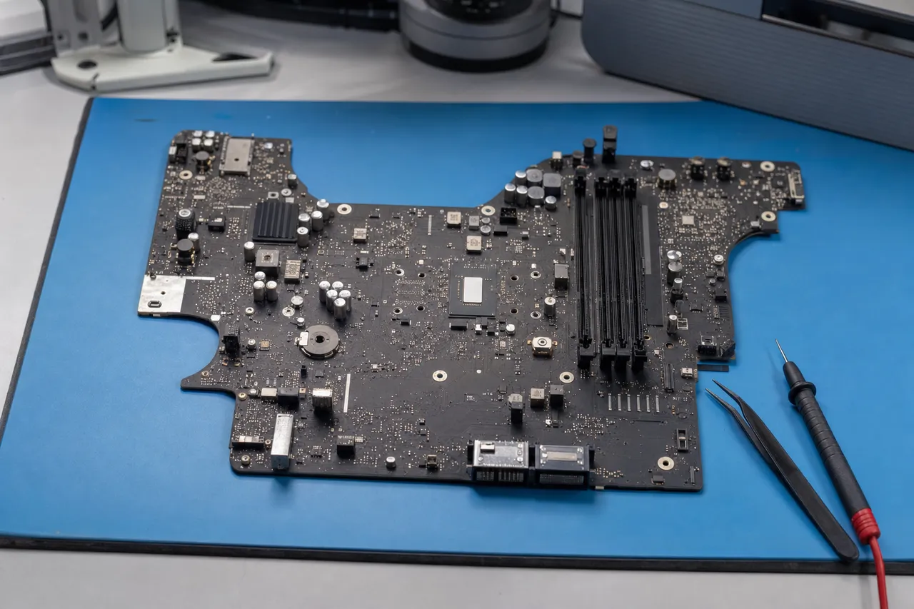 The internal logic board of an all-in-one desktop computer resting on an anti-static mat with a probe and tweezers beside it