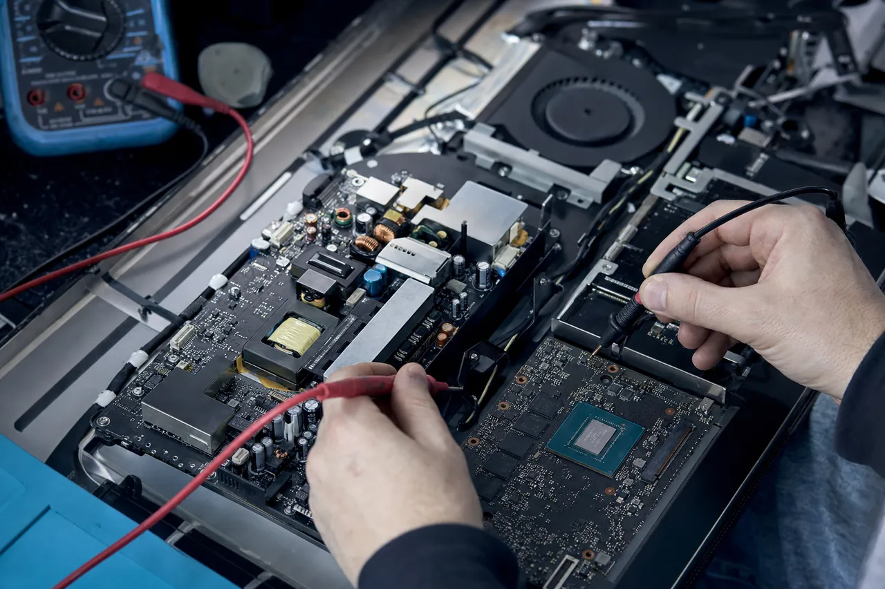 Internal power-supply board and graphics module of an all-in-one computer being tested with a multimeter probe on a repair bench