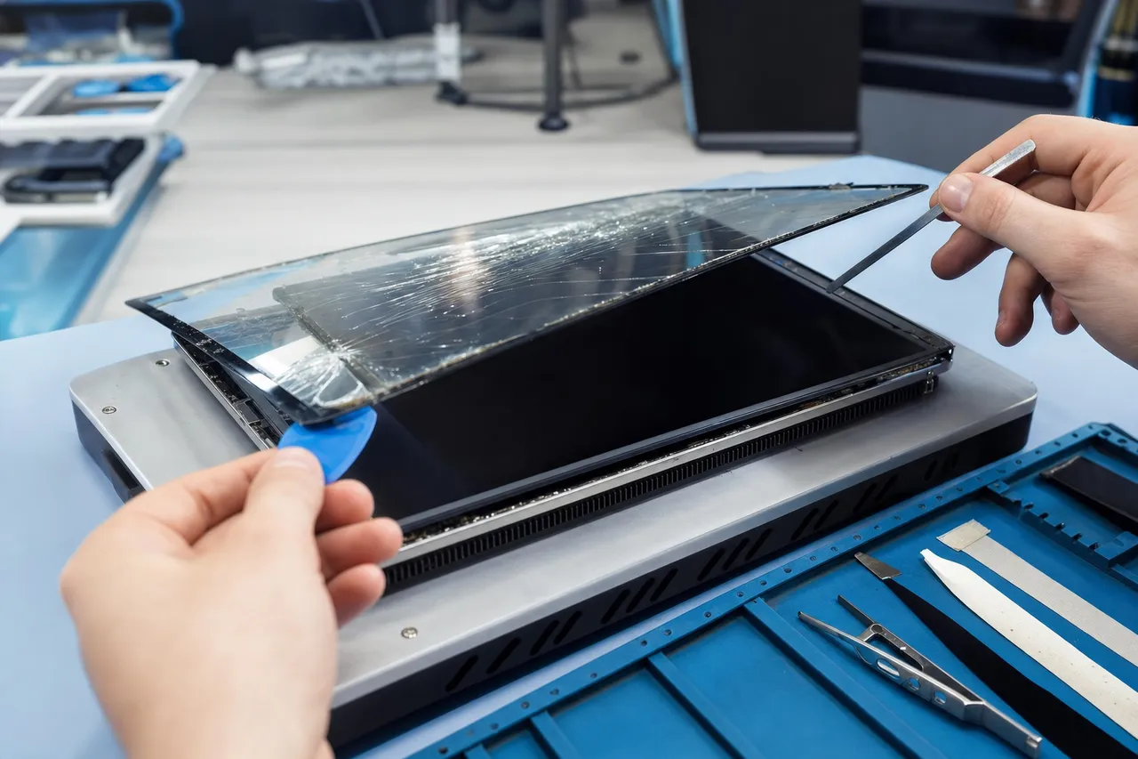 A tablet on a heated repair plate with its cracked front glass being lifted away from the display with thin pry picks