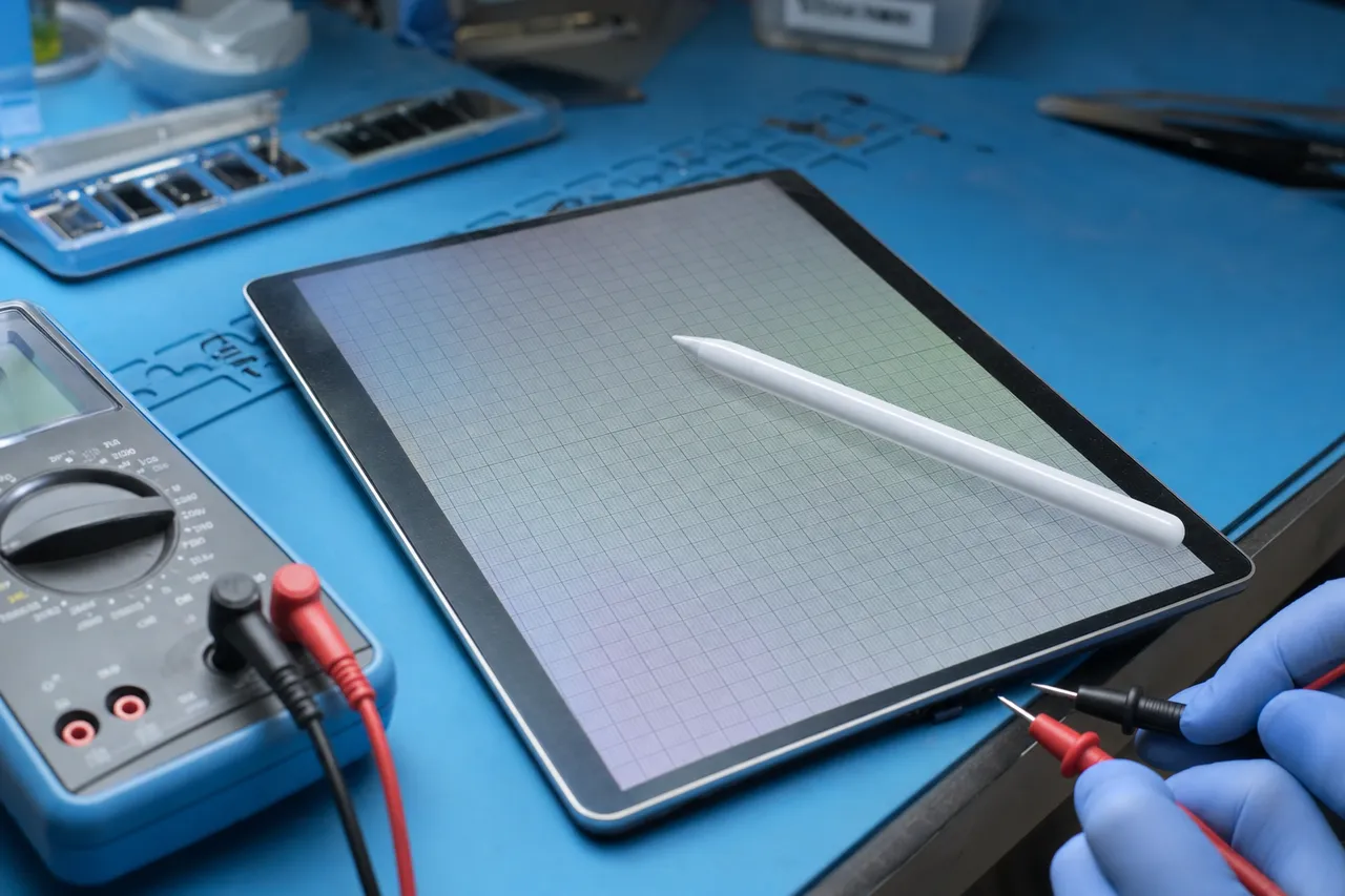 A slim white stylus resting on a tablet showing a digitizer test grid, with a multimeter and probes nearby on a repair bench