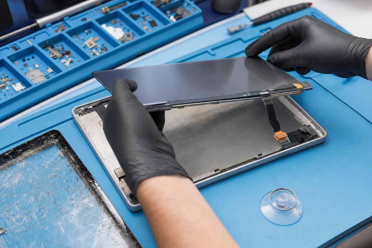 Gloved technician hands positioning a replacement tablet display assembly with ribbon flex cables over an opened iPad chassis