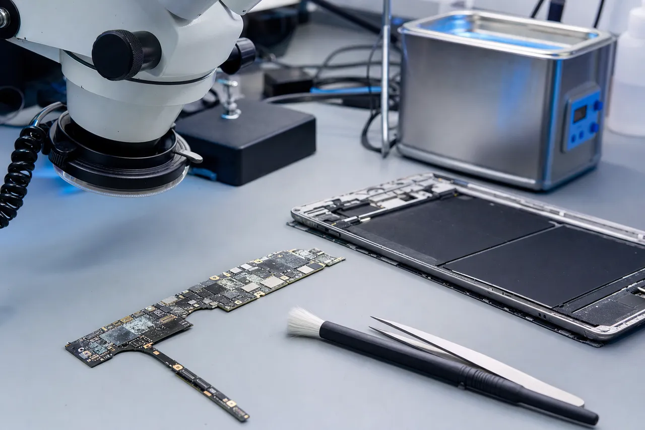 A tablet logic board removed from its housing being inspected and cleaned under a microscope with an ultrasonic tank behind