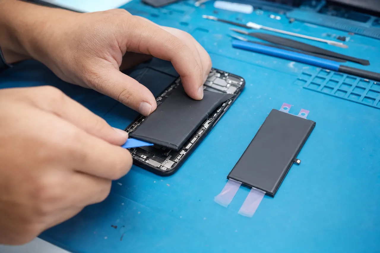 A technician peeling a thin lithium-ion battery out of an opened iPhone chassis next to a fresh replacement battery