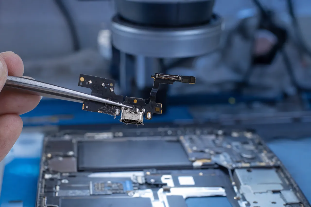 Extreme macro of an iPhone charging-port flex connector held in fine tweezers above an opened phone on a repair bench