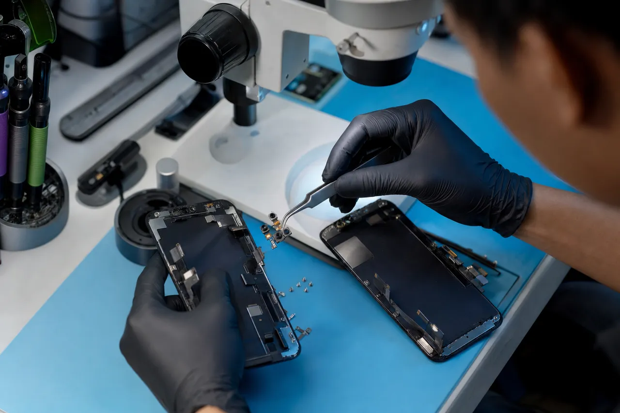 A technician transferring a tiny front-camera and sensor flex assembly between two iPhone displays with precision tweezers