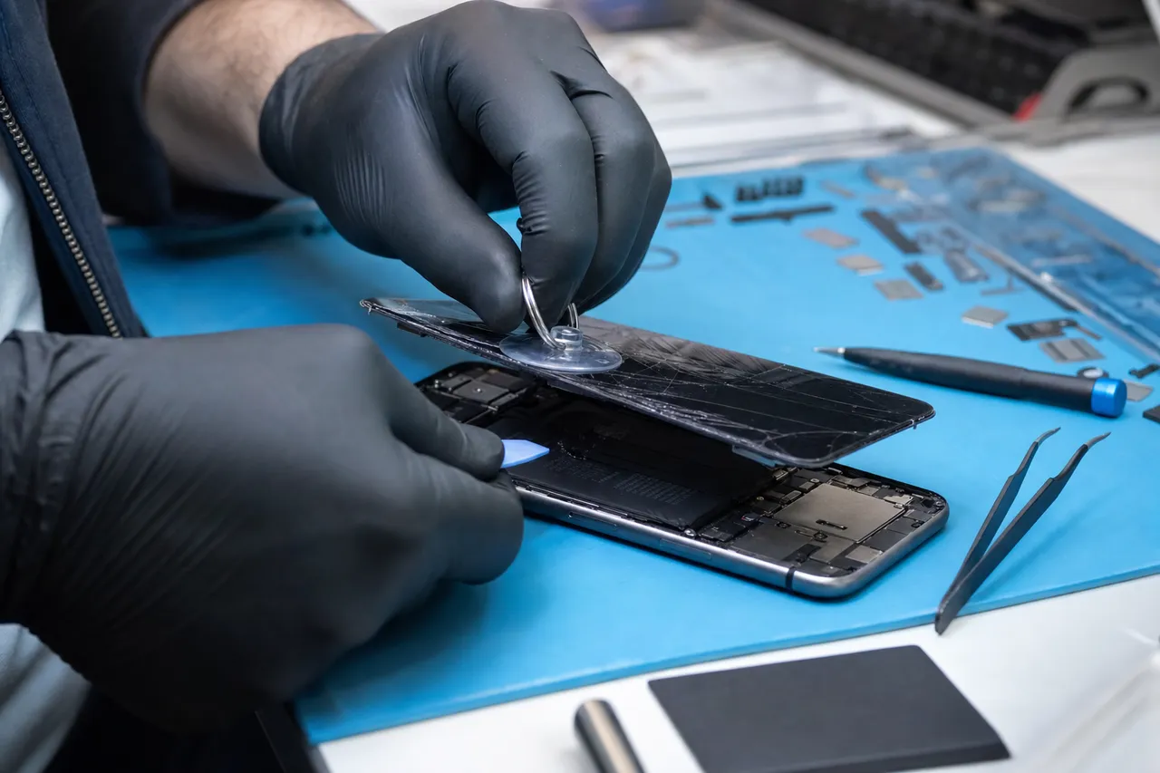 A technician lifting a cracked iPhone display assembly off the chassis with a suction handle to expose the battery and logic board