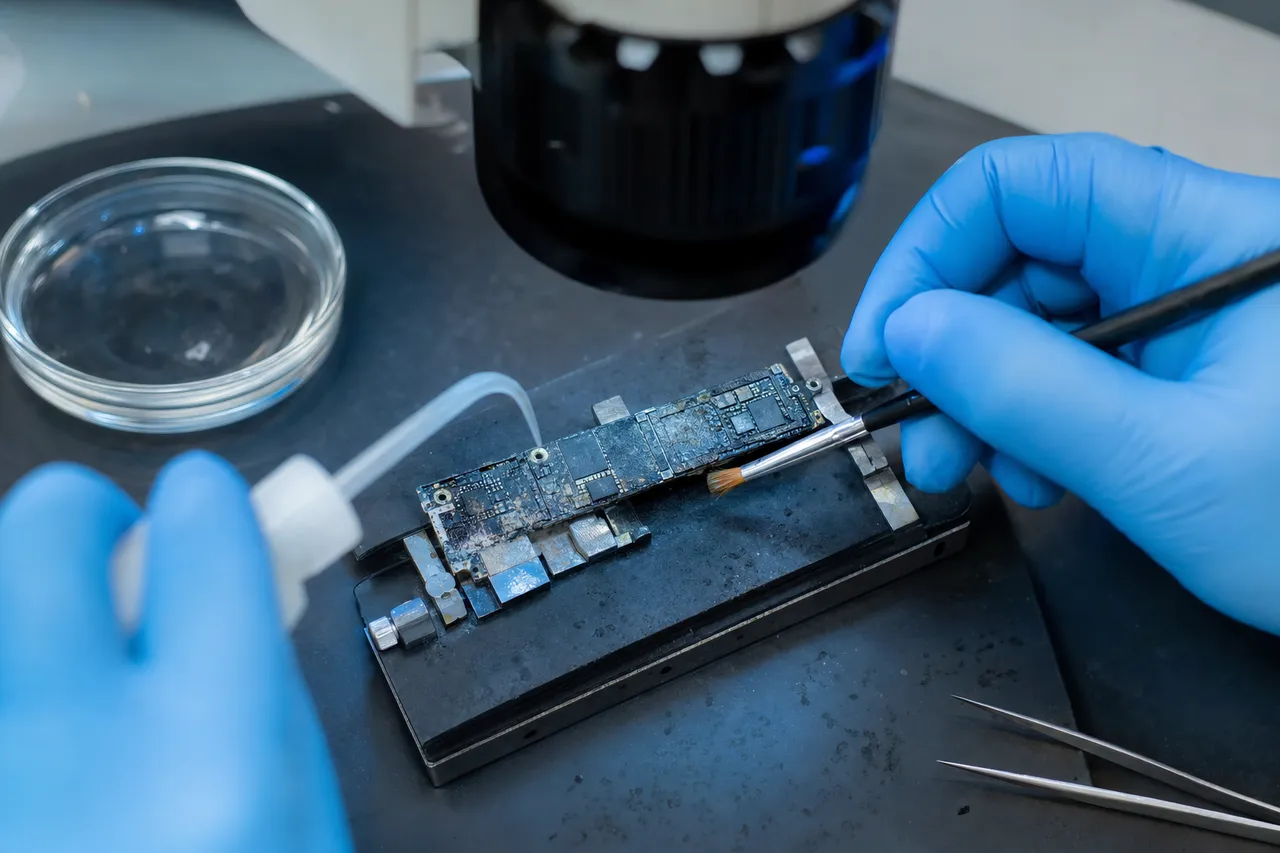 An opened water-damaged iPhone logic board under a microscope being cleaned of corrosion with a fine brush