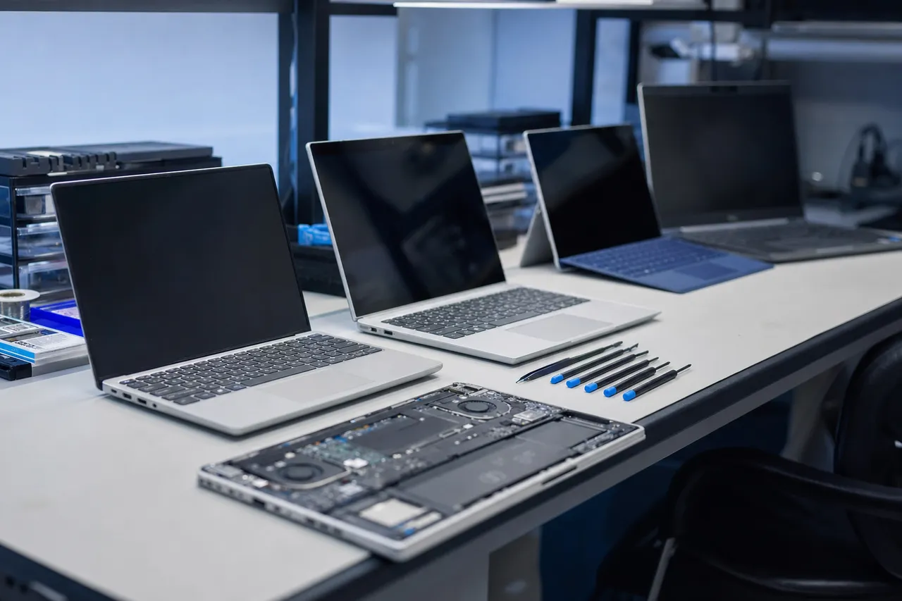 Several Windows laptops of different sizes lined up on a clean repair bench, one opened to show the battery and motherboard, with precision tools beside them