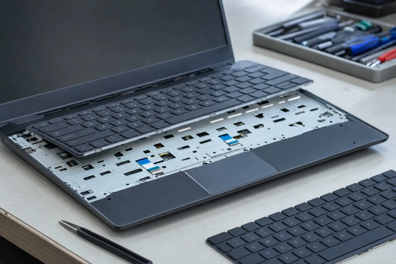 A laptop with its keyboard deck lifted on a workbench exposing the ribbon connector and trackpad assembly, a replacement keyboard and toolkit beside it