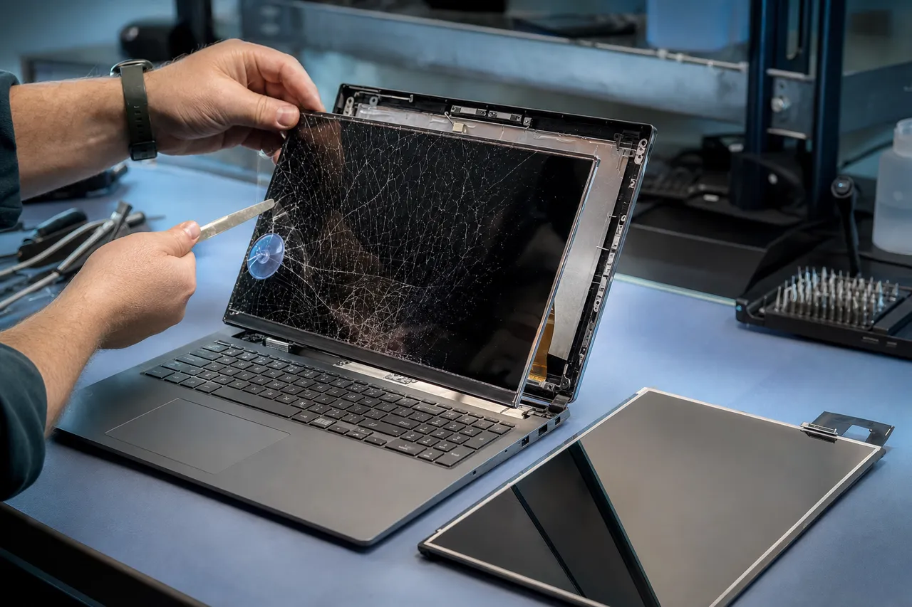 A technician lifting a cracked, spider-webbed laptop LCD panel away from the lid with a pry tool and suction cup, a replacement panel beside it