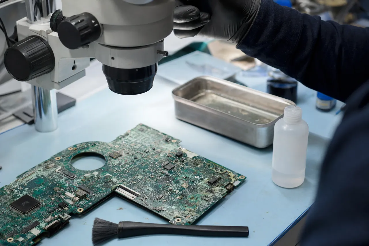 A liquid-damaged laptop motherboard with visible corrosion under a microscope, beside an ultrasonic cleaning tray and an isopropyl alcohol bottle