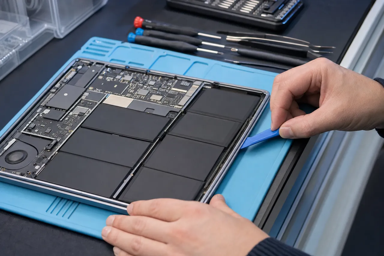 A MacBook with its bottom case removed exposing the internal battery pack and logic board on a repair bench