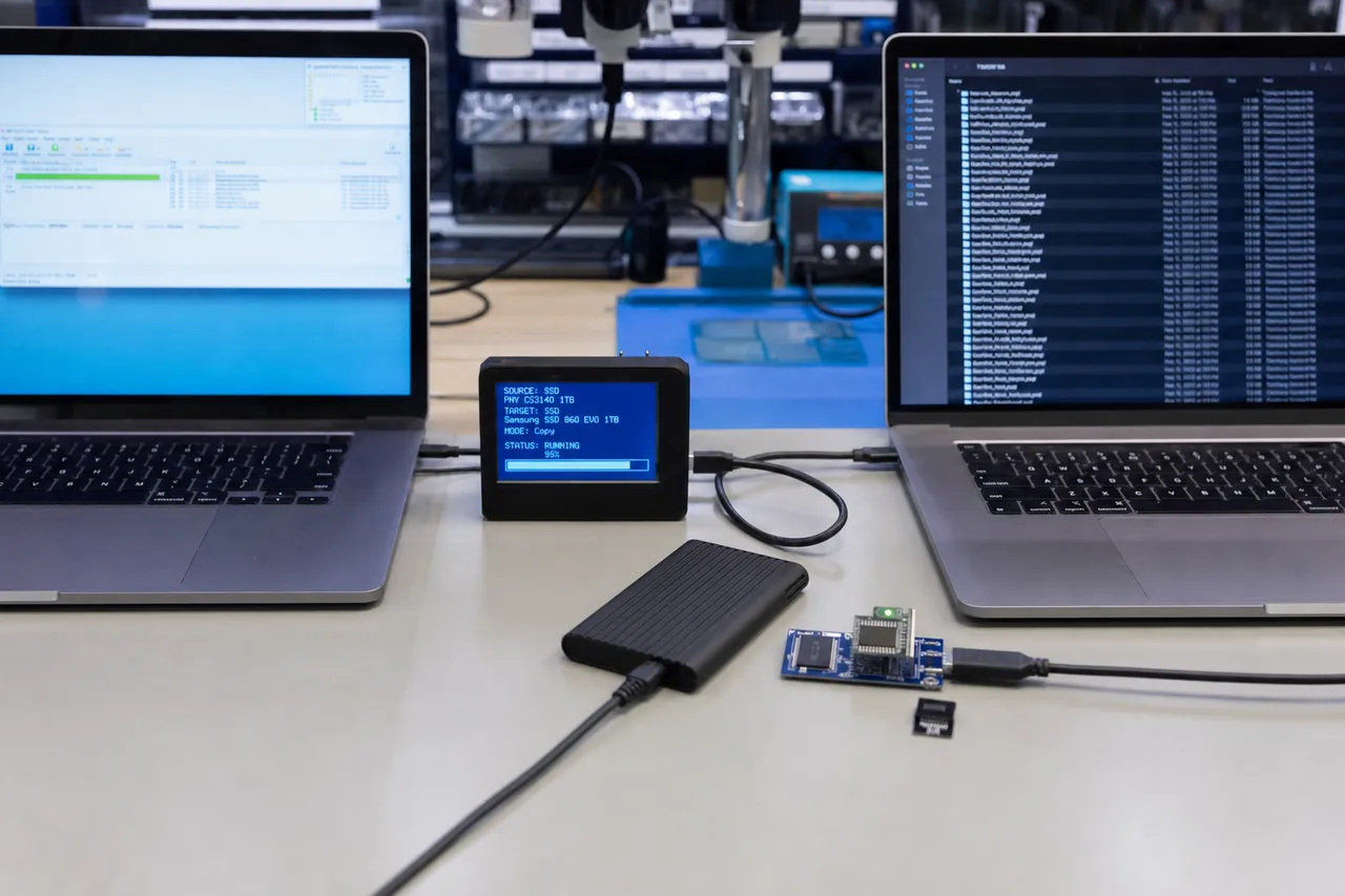 Two MacBooks side by side on a clean bench connected for a data transfer with an external SSD enclosure nearby