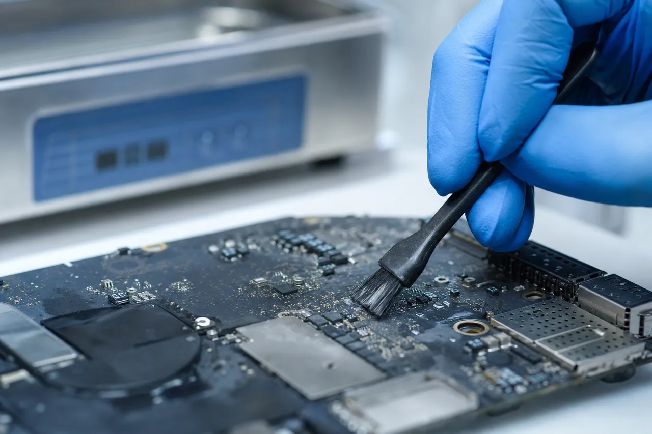 A macro view of a MacBook logic board being cleaned of corrosion with a brush and isopropyl alcohol on a repair bench