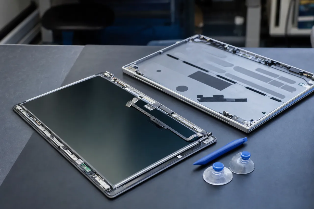 A MacBook opened flat on a repair bench with its display assembly separated from the lid, ribbon cables exposed