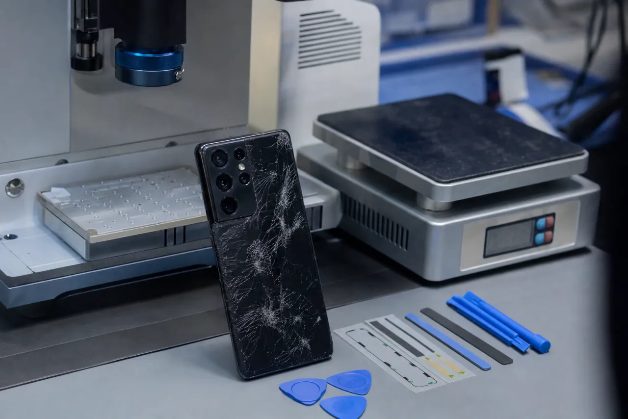 The rear of a Galaxy flagship with shattered back glass and a multi-camera housing on a repair bench beside a laser-separation machine