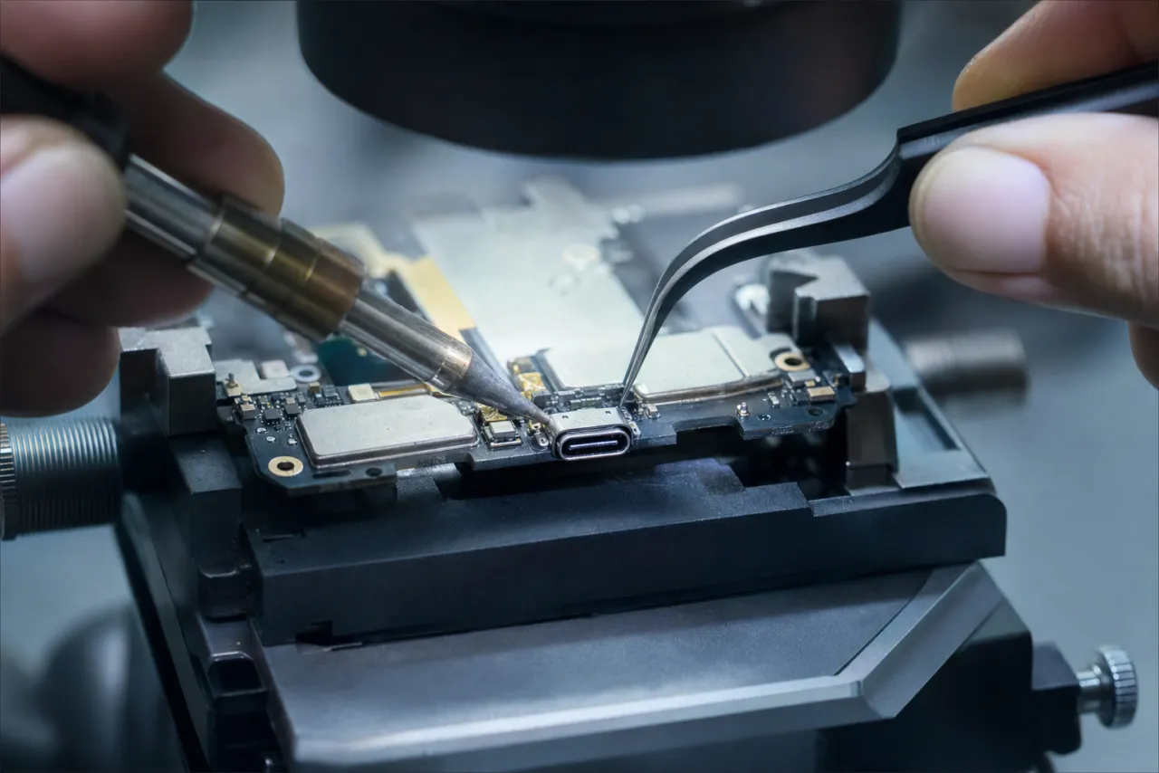 Extreme macro of a Galaxy USB-C charging port flex being soldered under a microscope on a micro-soldering bench