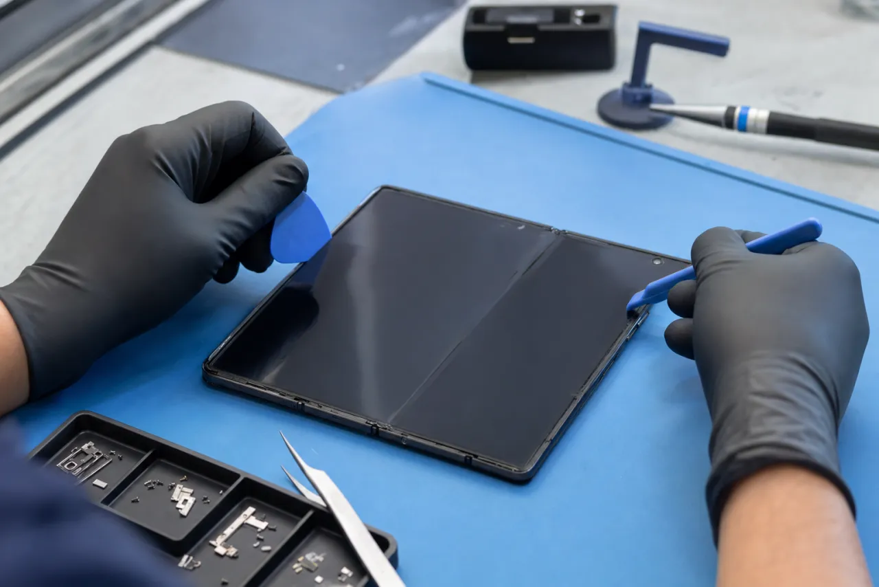 A large foldable Galaxy phone opened flat on a repair bench showing its wide inner folding display being worked on with a plastic opening tool