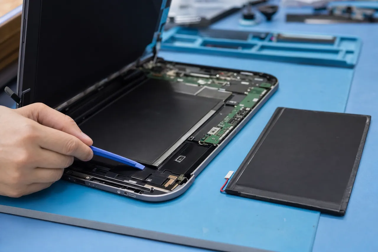 An opened thin tablet on a repair bench with its display lifted aside exposing the large flat lithium battery pack and the green logic board