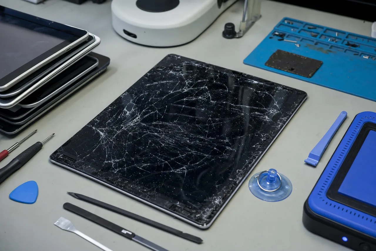 A large modern tablet with a cracked screen on a clean repair bench surrounded by precision tools, a heat pad and a parts tray