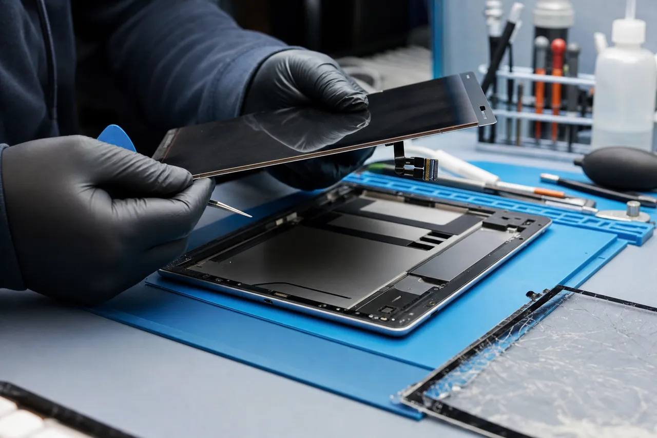 A technician lifting a replacement tablet display assembly with its ribbon flex cables away from an opened aluminum tablet chassis