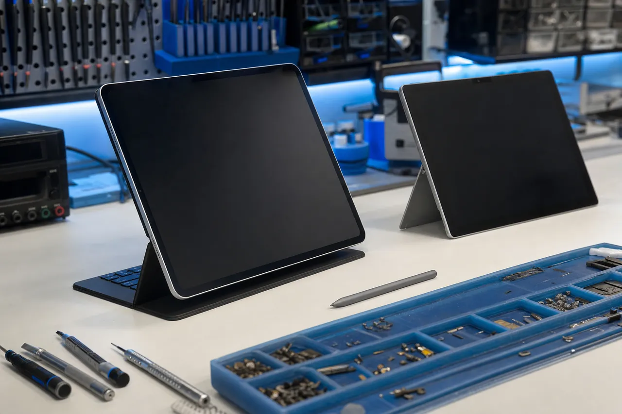 A detachable 2-in-1 tablet with its magnetic keyboard cover folded back standing on a clean repair bench beside a stylus pen