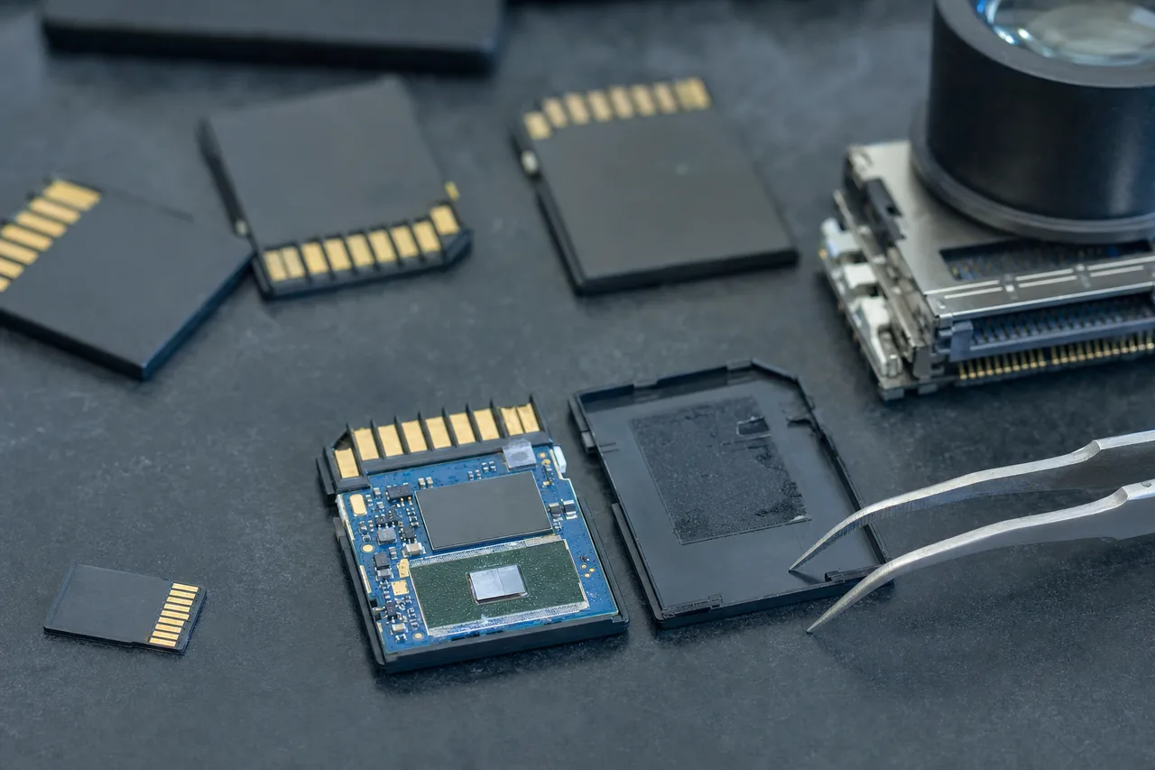 A full-size SD memory card with its plastic housing opened to expose the thin internal circuit board and bare NAND flash die, microSD cards and a card reader socket nearby on a dark recovery bench
