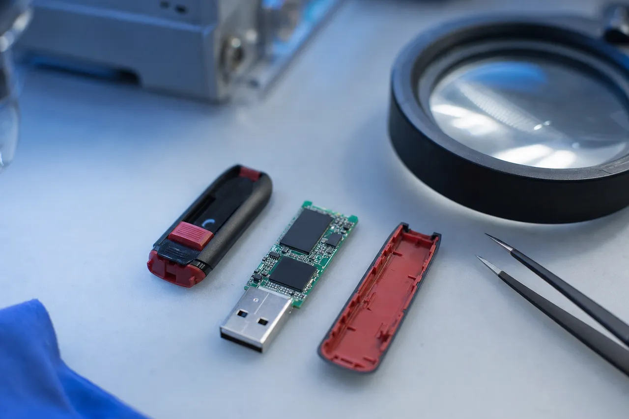 A retractable USB-A flash drive opened on the bench with its circuit board slid out of the plastic housing exposing the NAND chip, beside anti-static tweezers and a magnifier