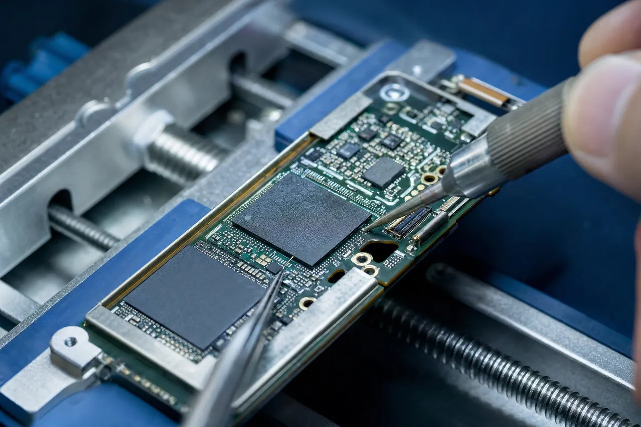 Microsoldering a jumper near the processor and storage chip on a Samsung Galaxy logic board