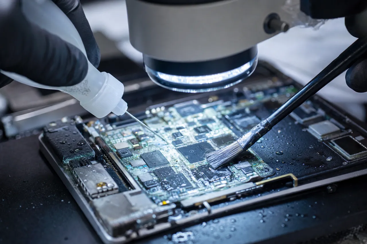 Liquid-damaged Samsung Galaxy motherboard with corrosion being cleaned under a microscope