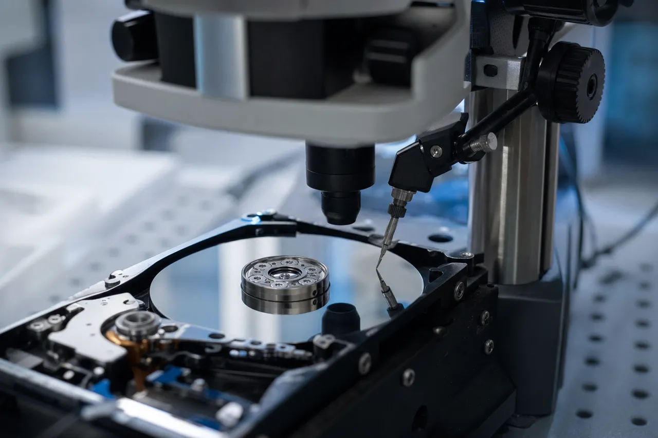 A hard drive platter under a stereo microscope with a fine burnishing tool poised just above the reflective surface, cool clinical lab lighting