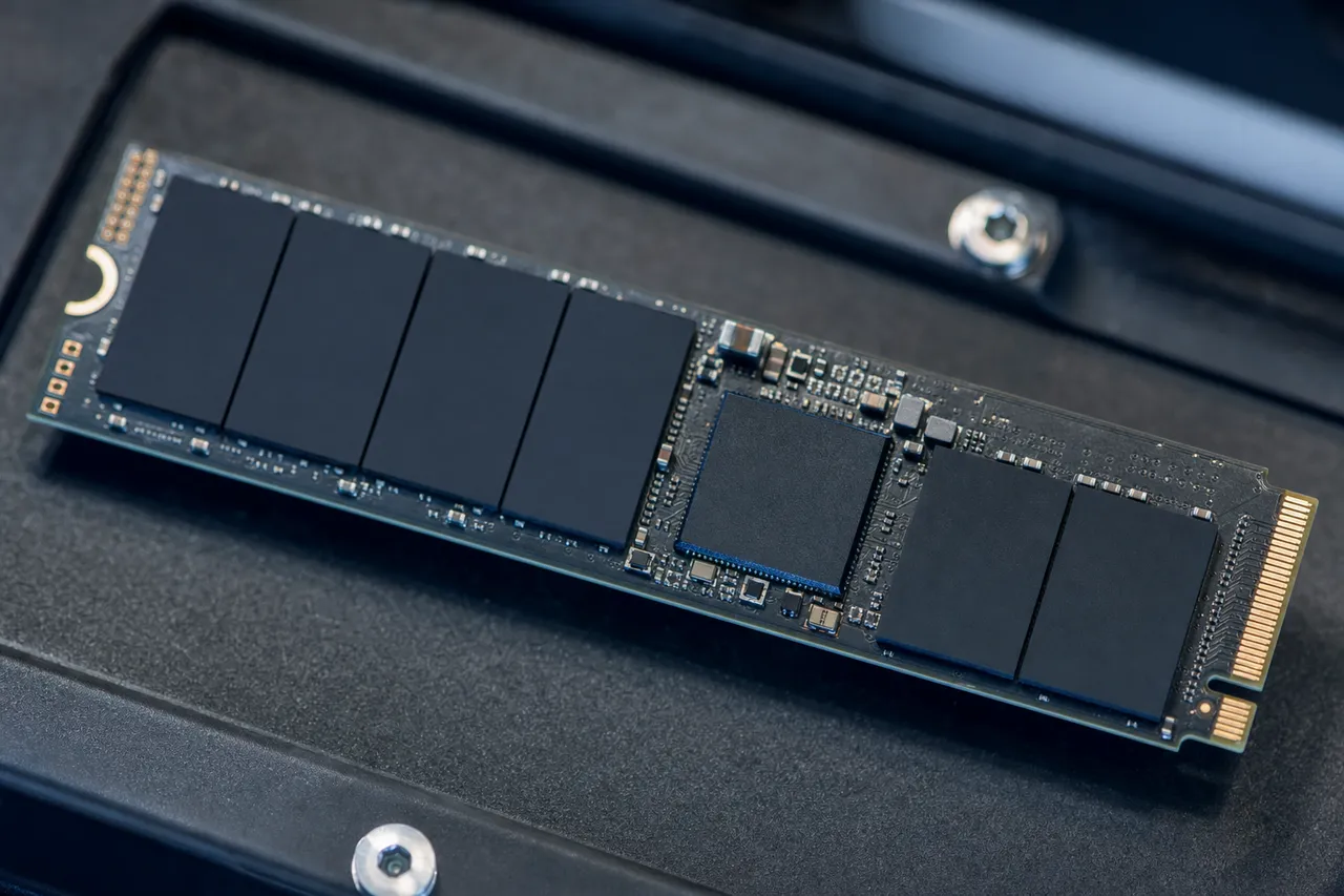 Macro view of a Samsung M.2 NVMe SSD showing the Elpis controller and V-NAND flash packages under inspection during firmware recovery