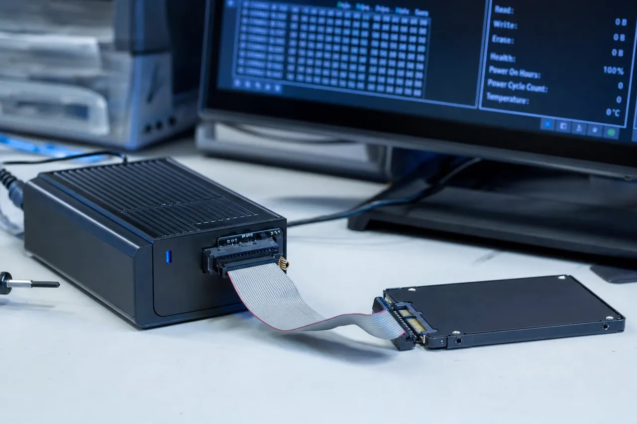 A Kingston SSD connected to a PC-3000 SSD recovery system whose screen shows controller and firmware diagnostics during a vendor-mode read
