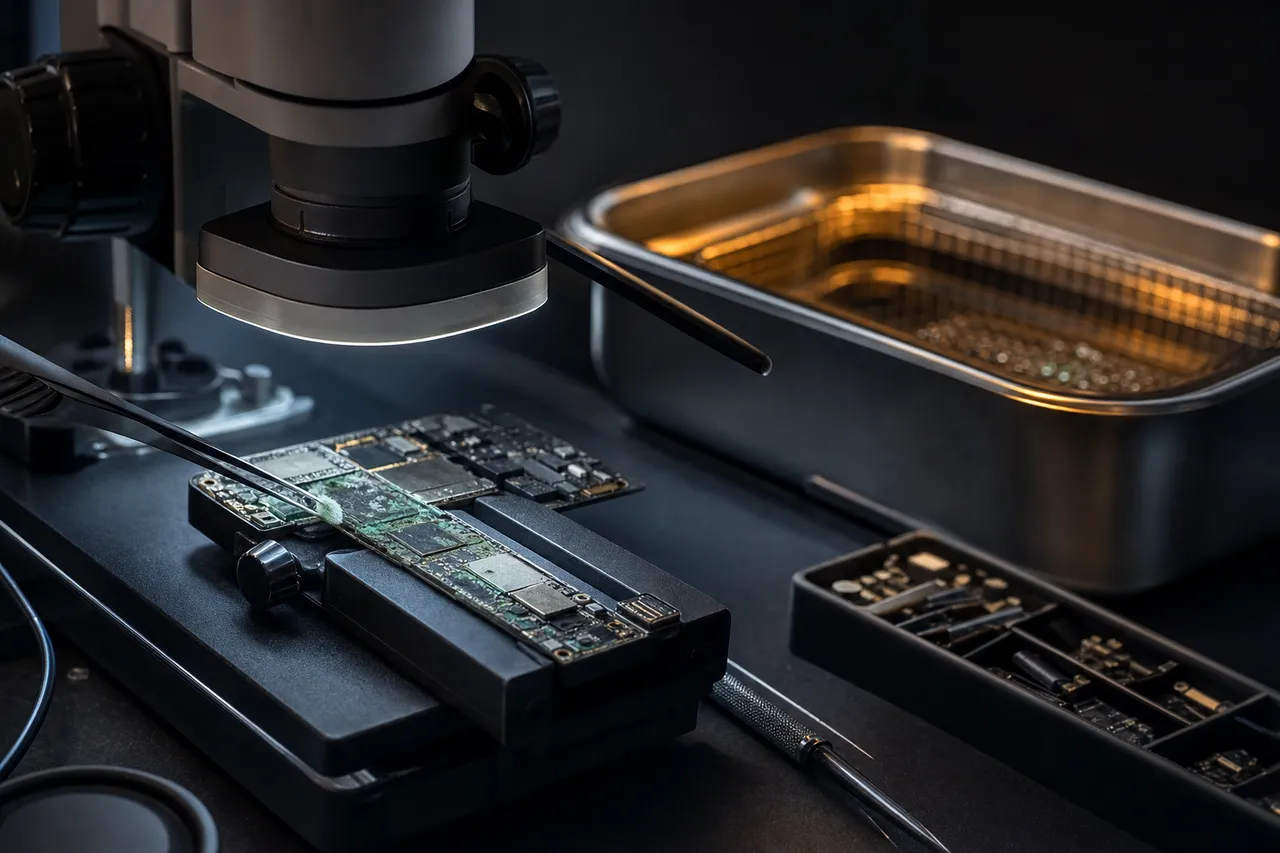 A liquid-damaged circuit board under a stereo microscope on the bench beside an ultrasonic cleaning bath used to remove corrosion during water-damage data recovery