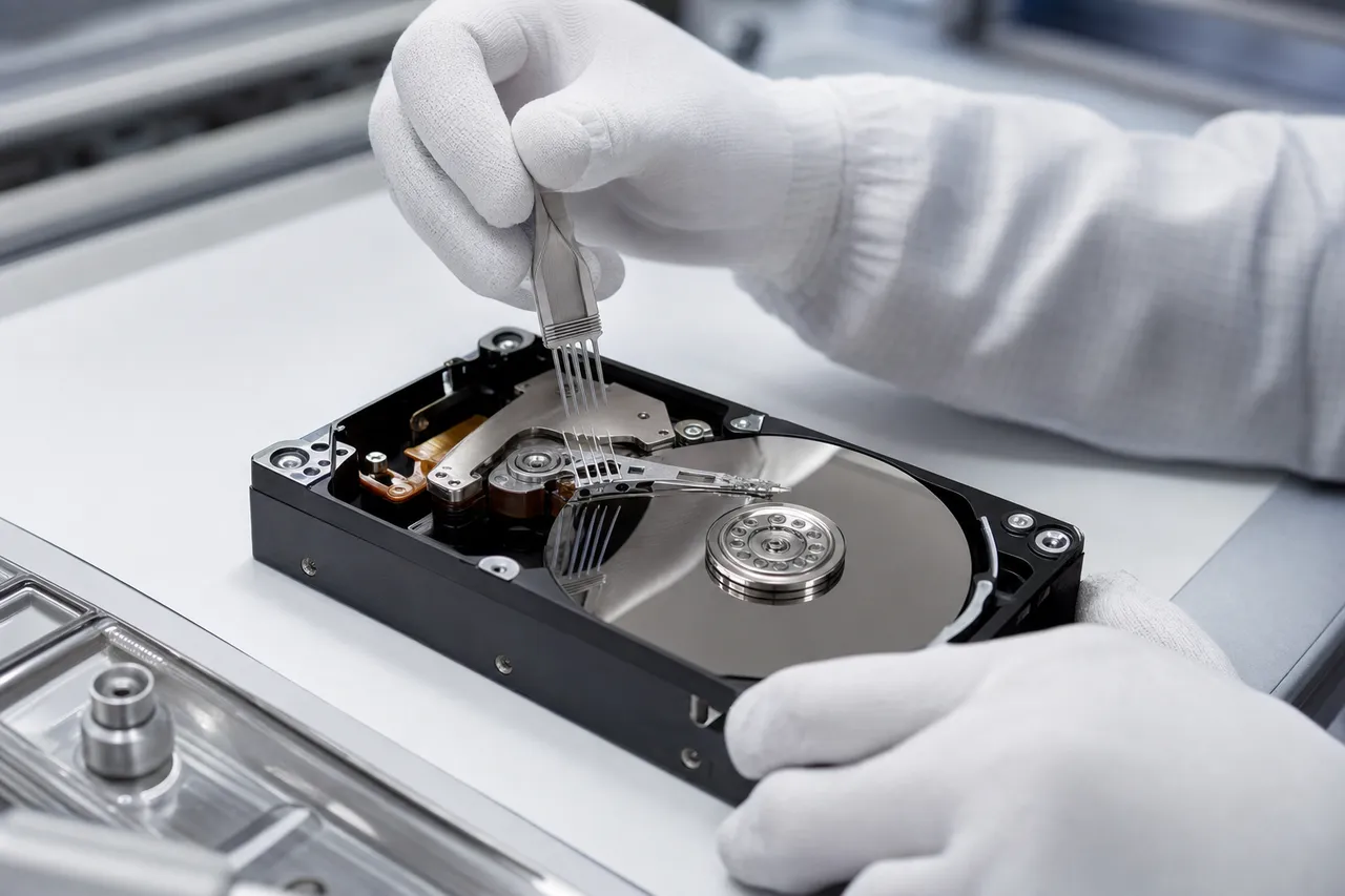 An opened hard drive with platters exposed and a head-swap comb tool lifting the read-write head stack inside a cleanroom workstation
