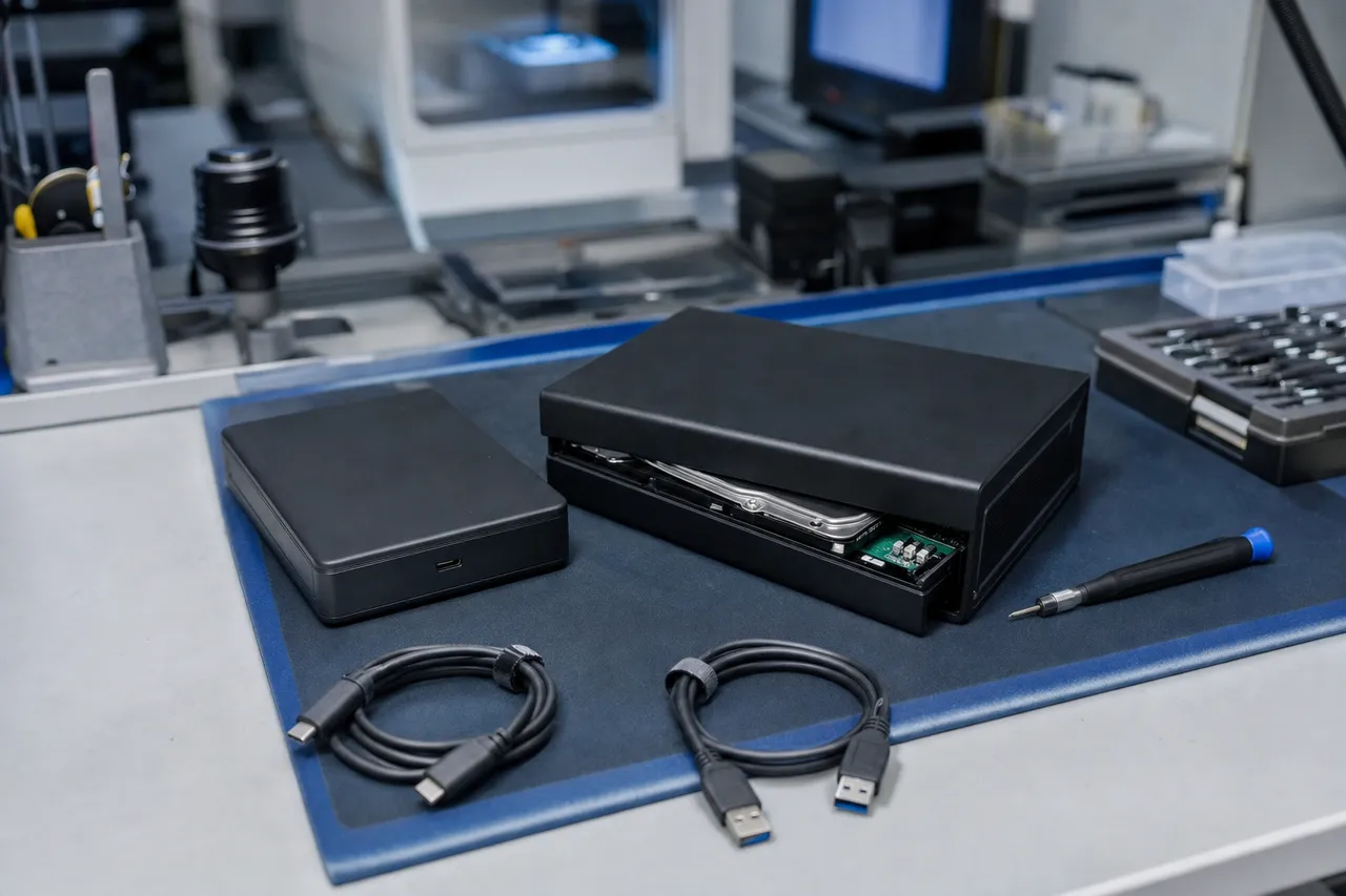 A lineup of Western Digital My Passport portable and My Book desktop external drives staged on the data recovery bench